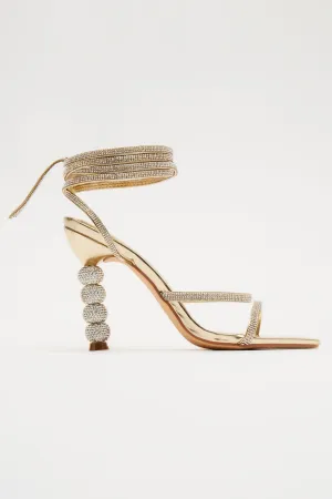 All The Glamour Embellished Wrap Up Heeled Sandals - Gold