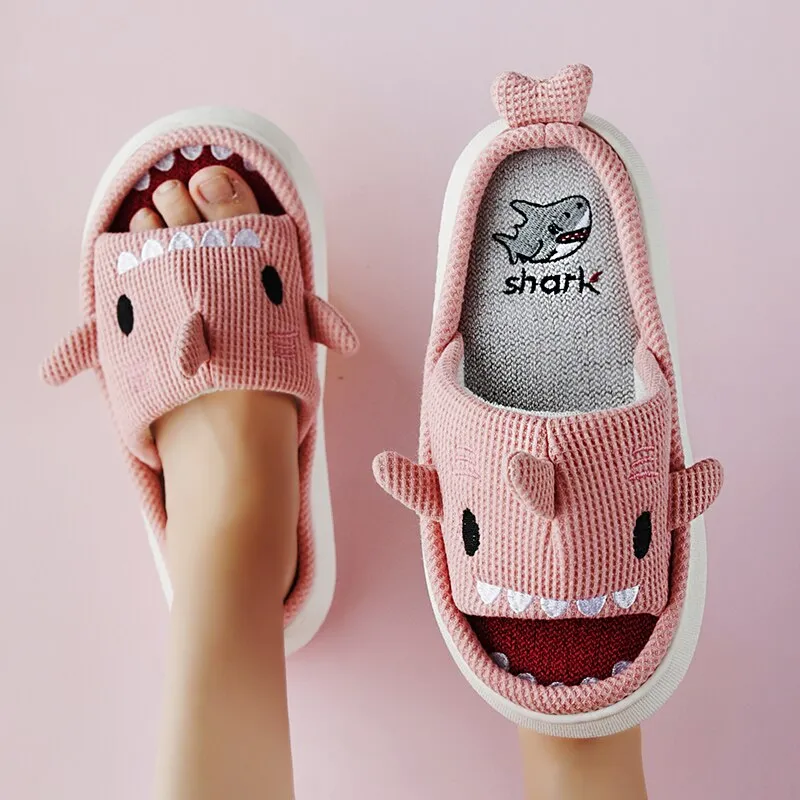 Amozae--Christmas Gift 2024 Linen Cotton Slippers Thicked Soled Platform Outdoor Slippers  Cute Cartoon Shark Shape Indoor Slippers Designer For Couple