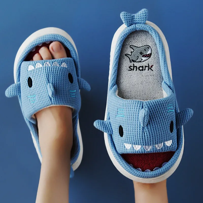 Amozae--Christmas Gift 2024 Linen Cotton Slippers Thicked Soled Platform Outdoor Slippers  Cute Cartoon Shark Shape Indoor Slippers Designer For Couple