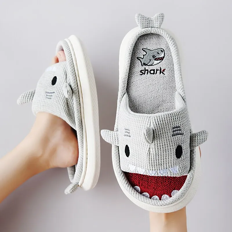 Amozae--Christmas Gift 2024 Linen Cotton Slippers Thicked Soled Platform Outdoor Slippers  Cute Cartoon Shark Shape Indoor Slippers Designer For Couple