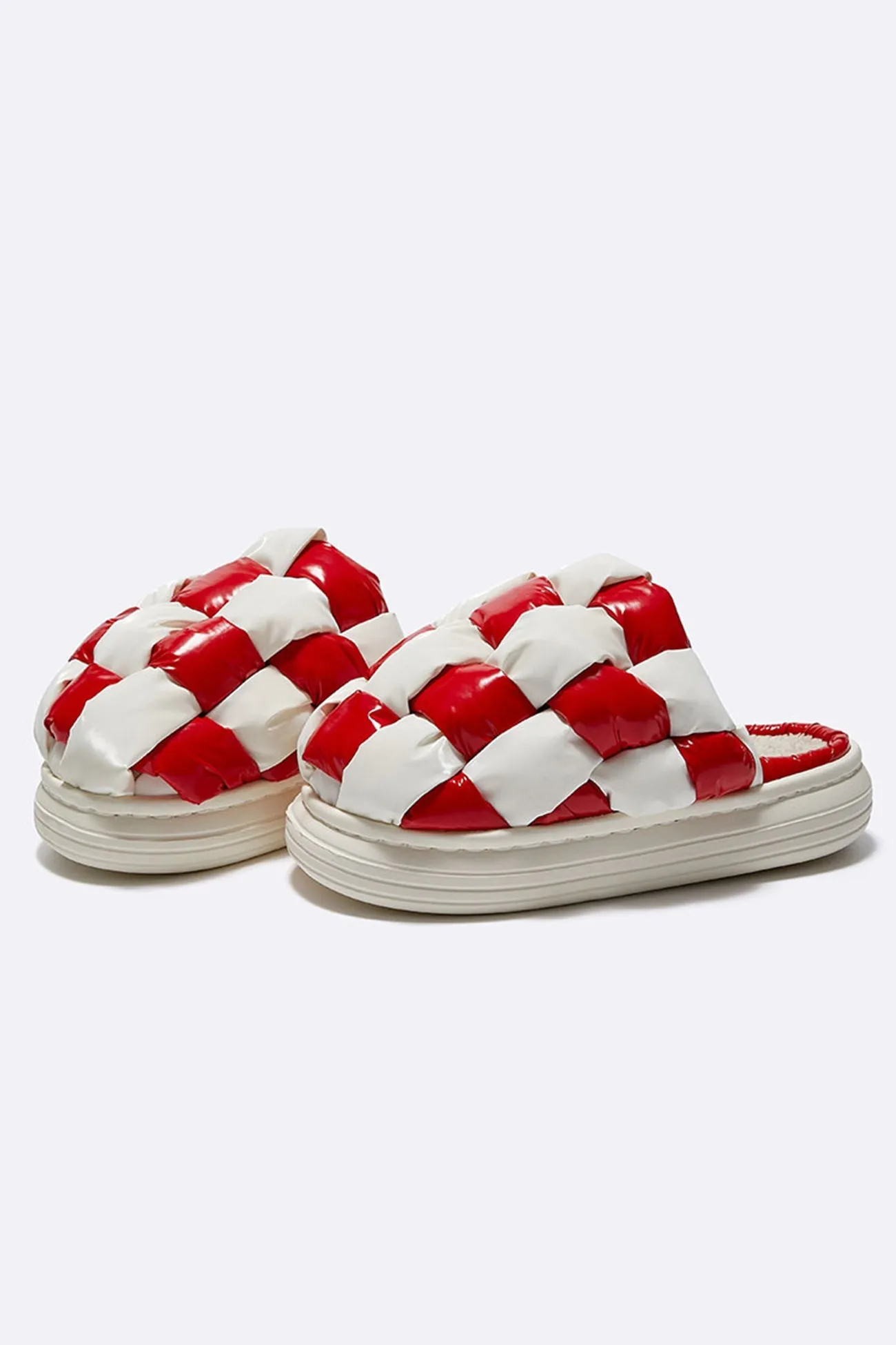 Amozae-Contrast Checkerboard Plush Platform Slippers