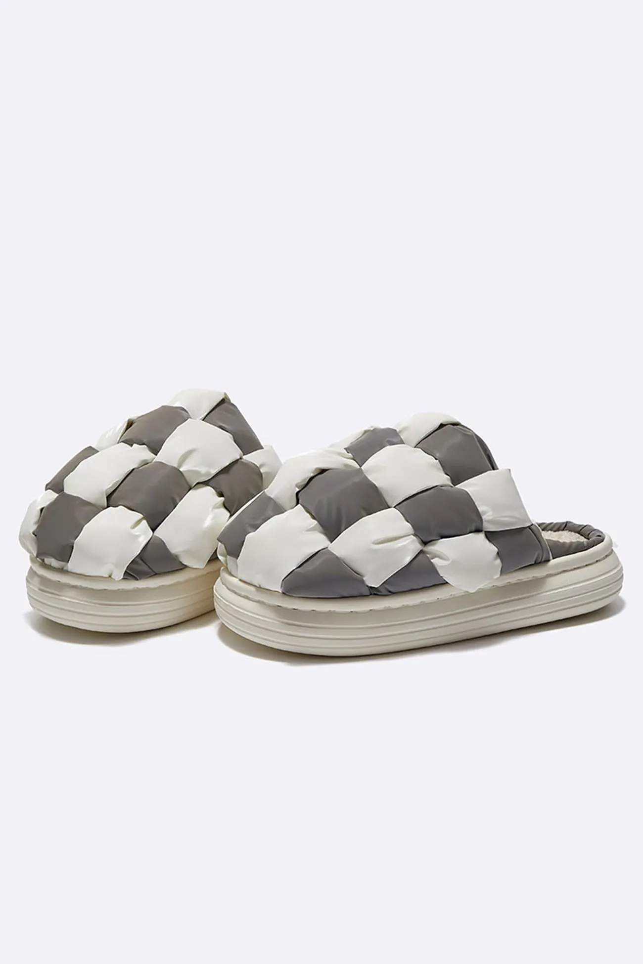 Amozae-Contrast Checkerboard Plush Platform Slippers