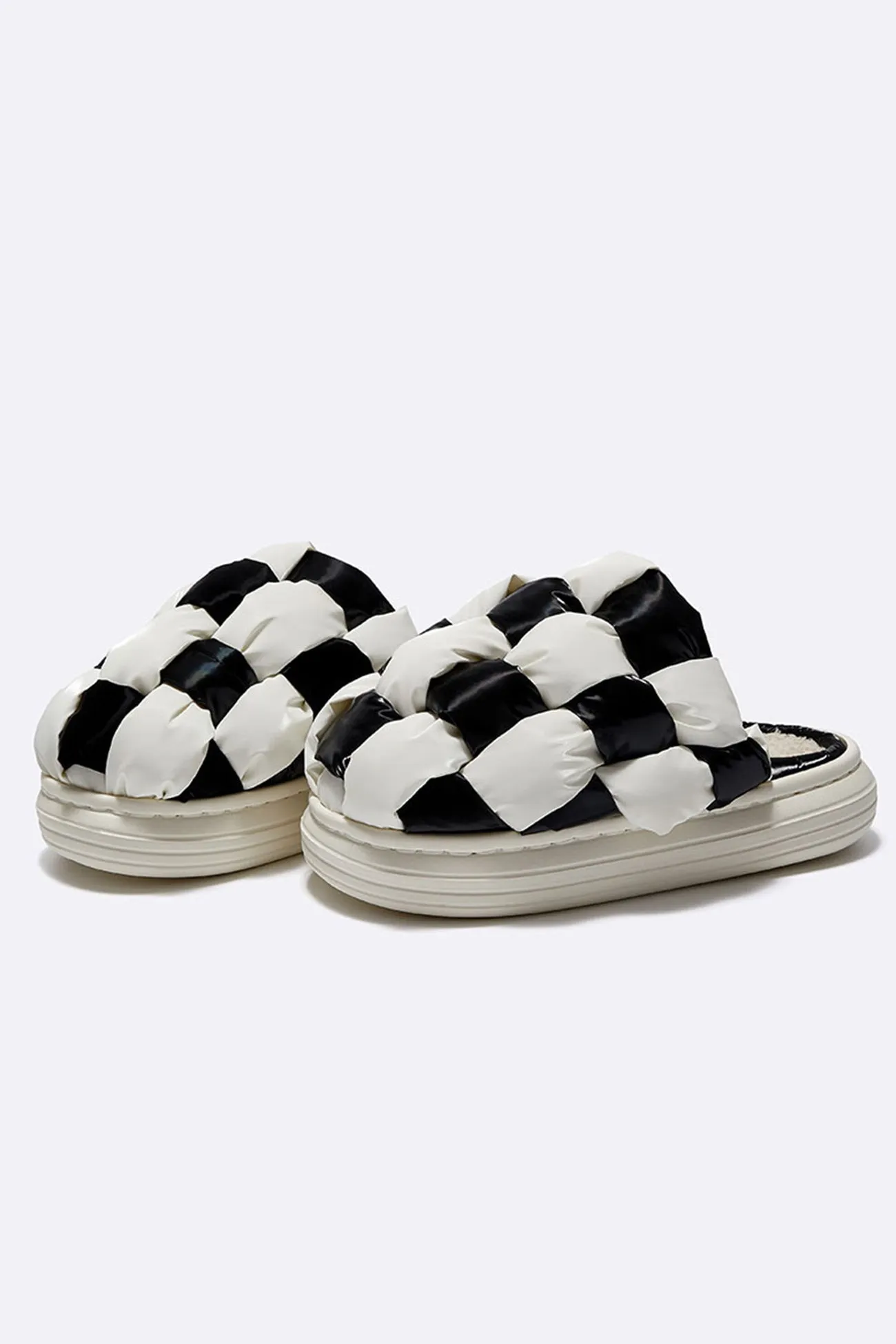 Amozae-Contrast Checkerboard Plush Platform Slippers