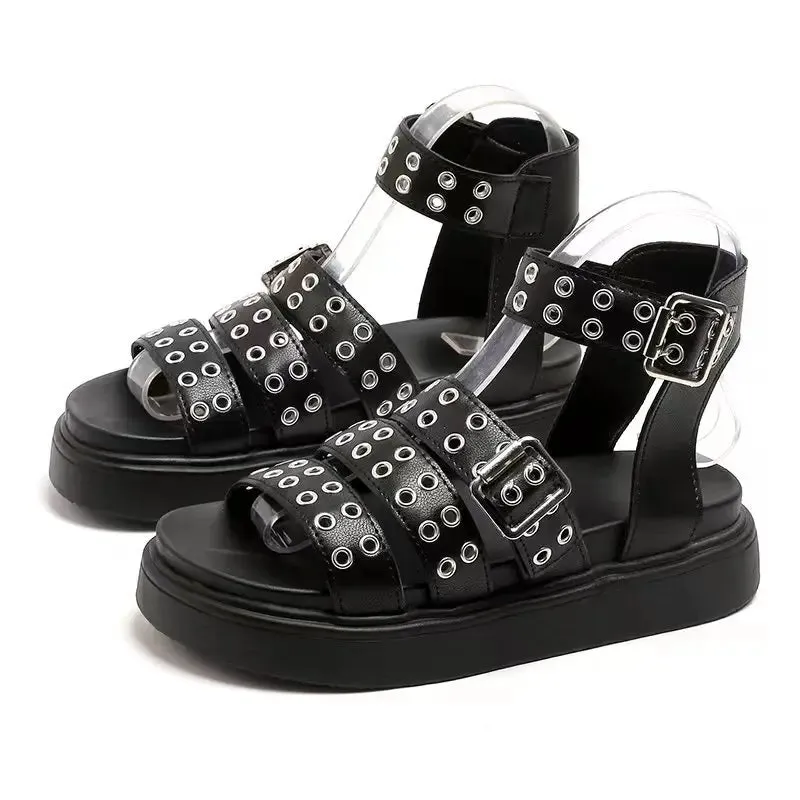 Amozae-Rivet Summer Platform Sandals Women 2024 Open Toe Casual Comfort Non-Slip Belt Buckle Luxury Sandals Flat Roman Sandals Female