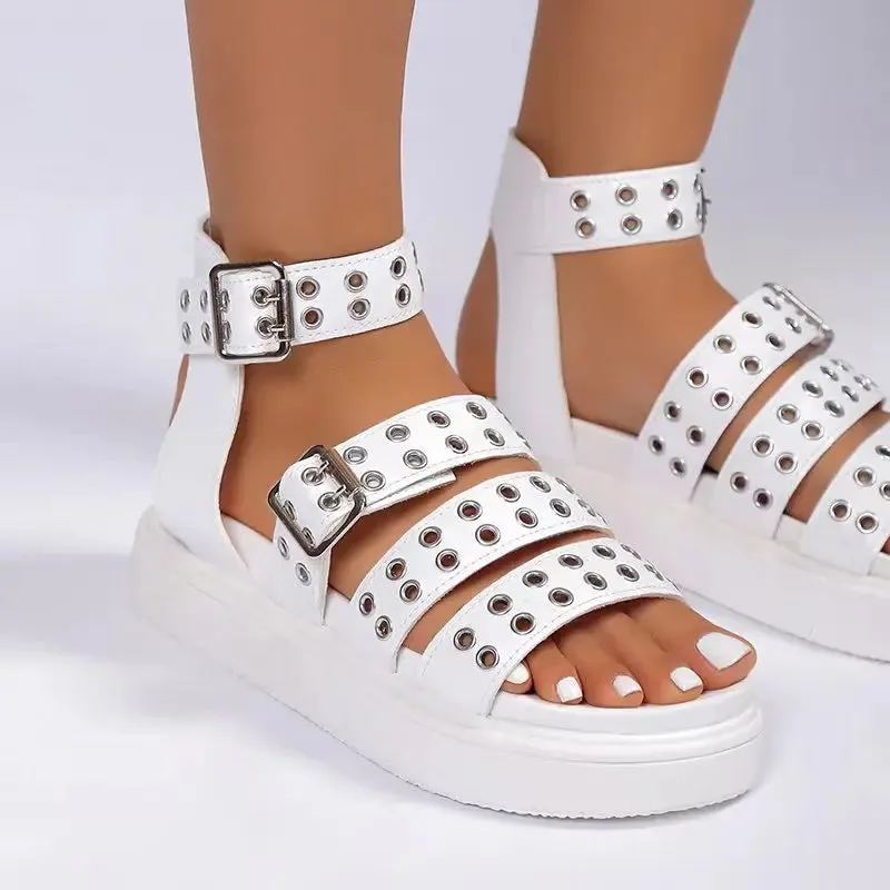 Amozae-Rivet Summer Platform Sandals Women 2024 Open Toe Casual Comfort Non-Slip Belt Buckle Luxury Sandals Flat Roman Sandals Female