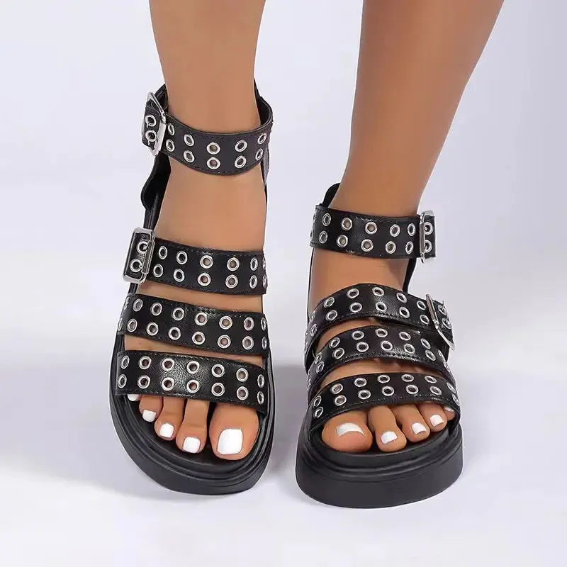 Amozae-Rivet Summer Platform Sandals Women 2024 Open Toe Casual Comfort Non-Slip Belt Buckle Luxury Sandals Flat Roman Sandals Female