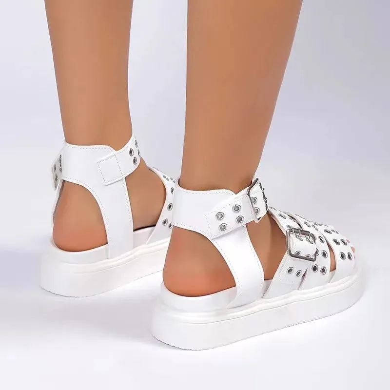 Amozae-Rivet Summer Platform Sandals Women 2024 Open Toe Casual Comfort Non-Slip Belt Buckle Luxury Sandals Flat Roman Sandals Female