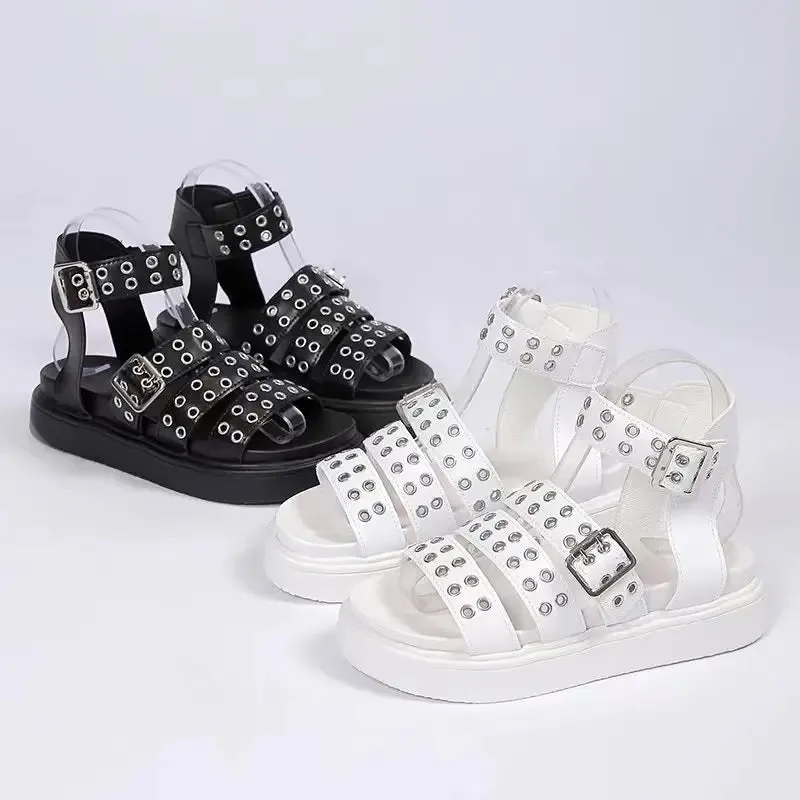 Amozae-Rivet Summer Platform Sandals Women 2024 Open Toe Casual Comfort Non-Slip Belt Buckle Luxury Sandals Flat Roman Sandals Female