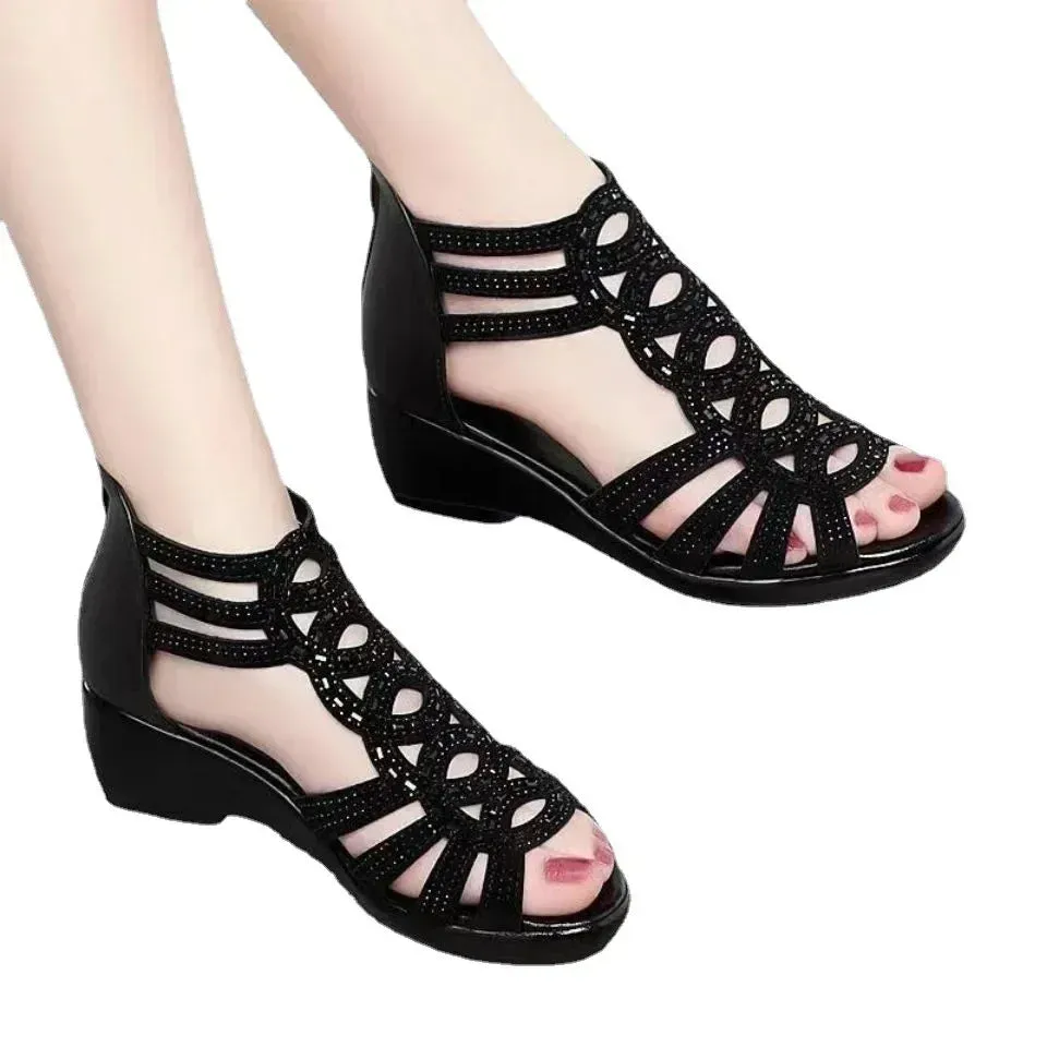 Amozae-Soft Leather Roman Sandals Women 2024 Summer New Soft Sole Outwear Women's Wedge Shoes Fashion Casual Designer Shoe Ladies