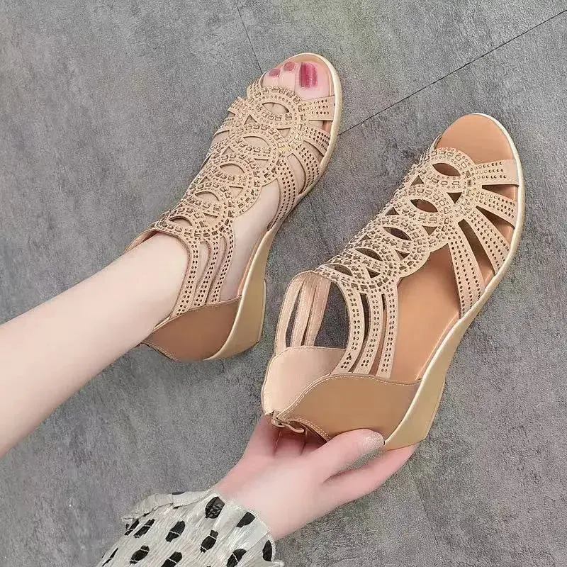 Amozae-Soft Leather Roman Sandals Women 2024 Summer New Soft Sole Outwear Women's Wedge Shoes Fashion Casual Designer Shoe Ladies