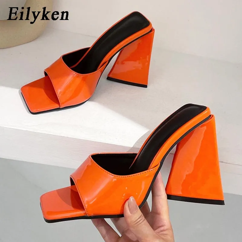 Amozae- Summer Orange Black Triangle Thick heel Slippers   Street Woman Party Peep toe Dress shoes size 35-41