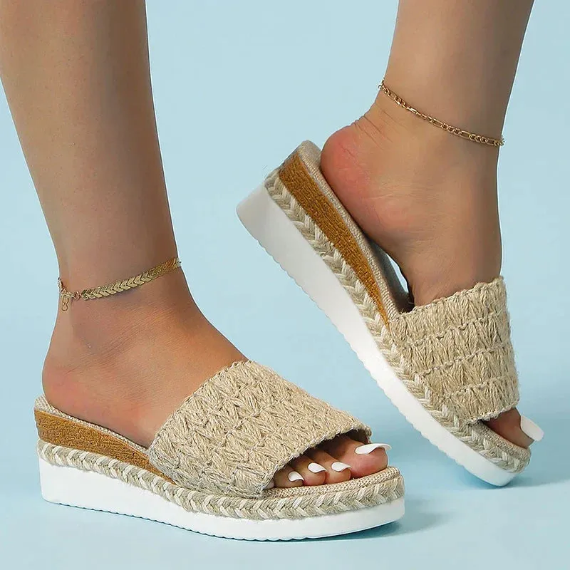 AMOZAE- - Women's  Espadrilles Weaving Wedge Slippers