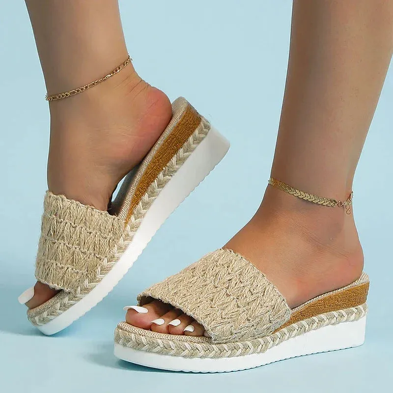 AMOZAE- - Women's  Espadrilles Weaving Wedge Slippers