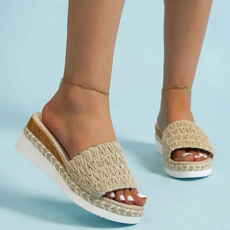 AMOZAE- - Women's  Espadrilles Weaving Wedge Slippers