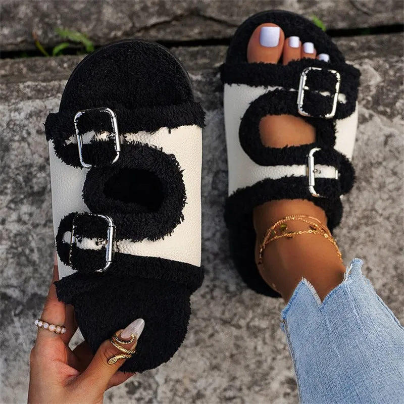 Autumn Winter Slipper Thick Sole Buckle Lamb Swool Slippers For Women Outdoor Gardern Indoor Lazy Plush Shoes