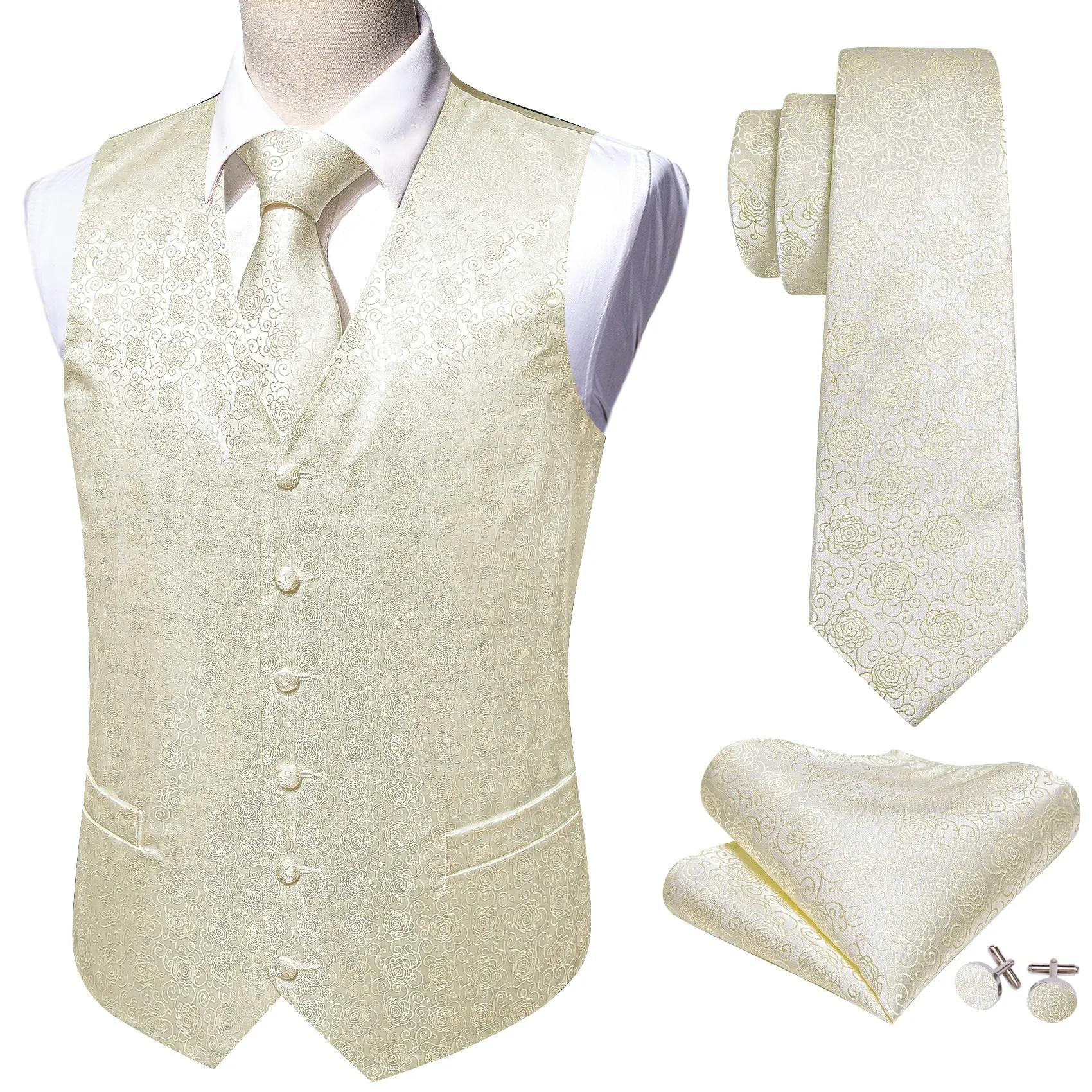 Beige White Floral Jacquard Silk Men's Vest Hanky Cufflinks Tie Set