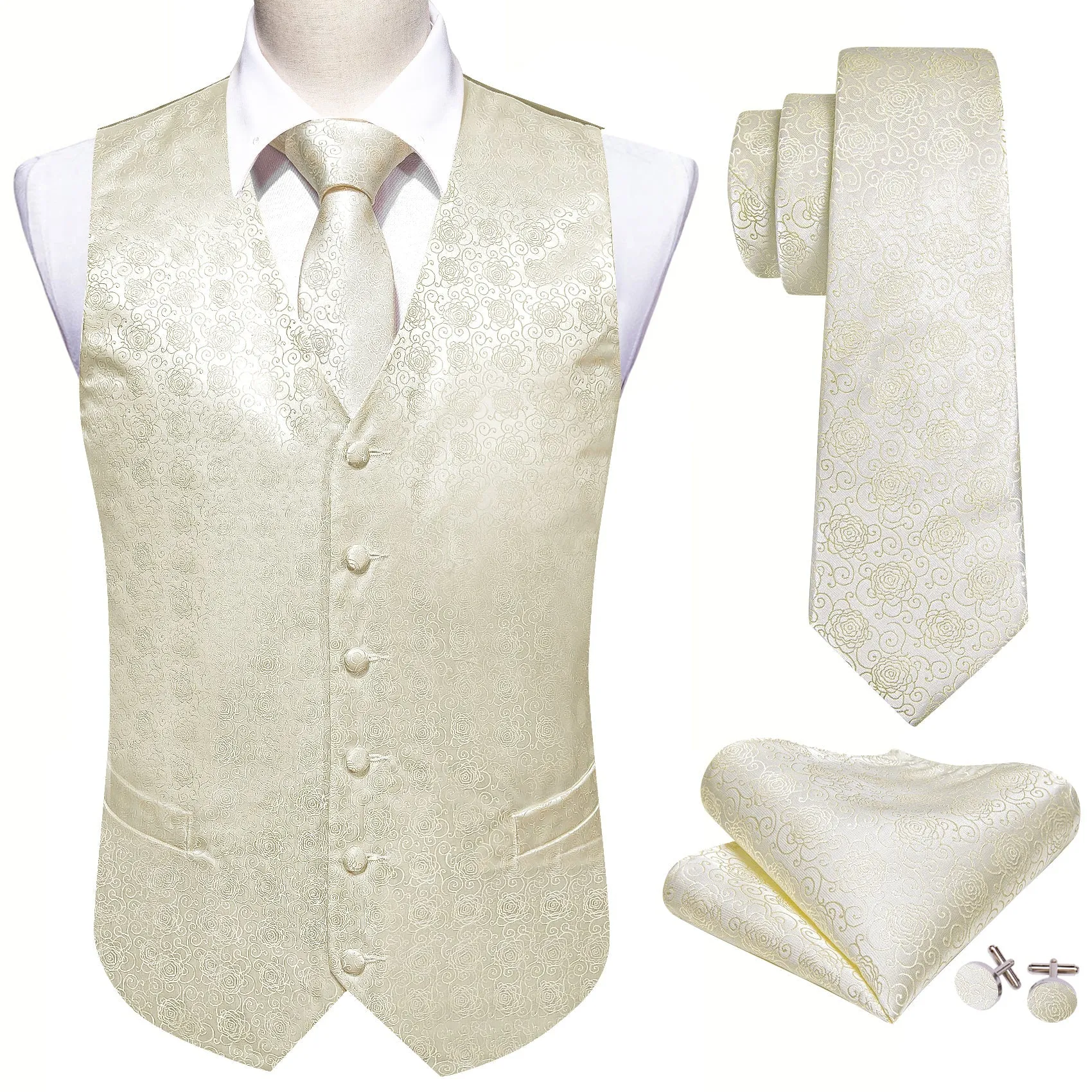 Beige White Floral Jacquard Silk Men's Vest Hanky Cufflinks Tie Set