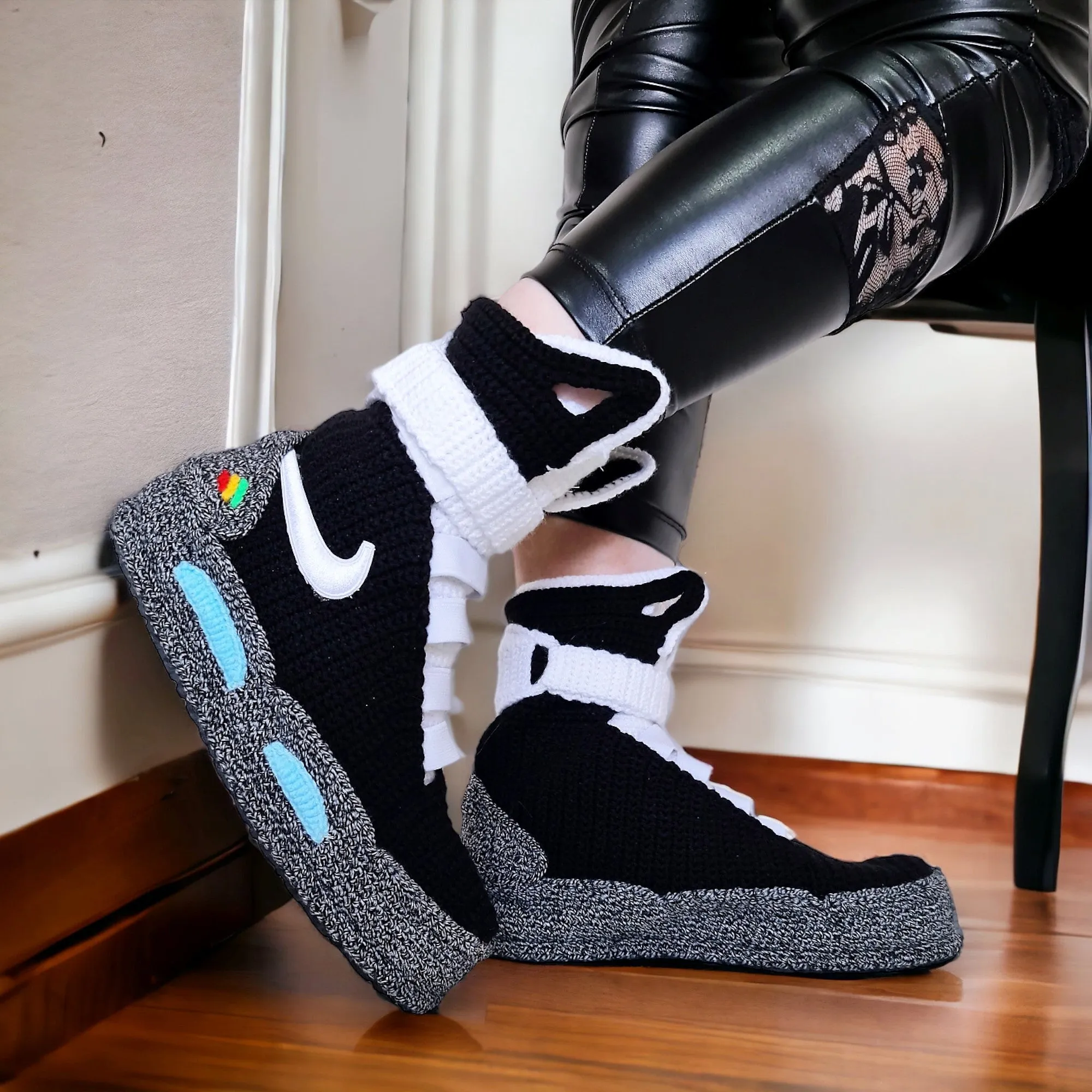 Black Air Mag Sneakers Slippers, Back to the Future Shoes, Marty McFly Sneaker, Crochet Knitted Plush Booties, Custom Cosplay BTTF Shoes