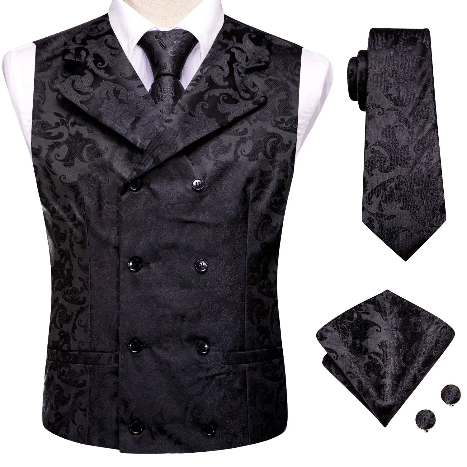 Black Floral Jacquard Silk Men's Vest Hanky Cufflinks Tie Set