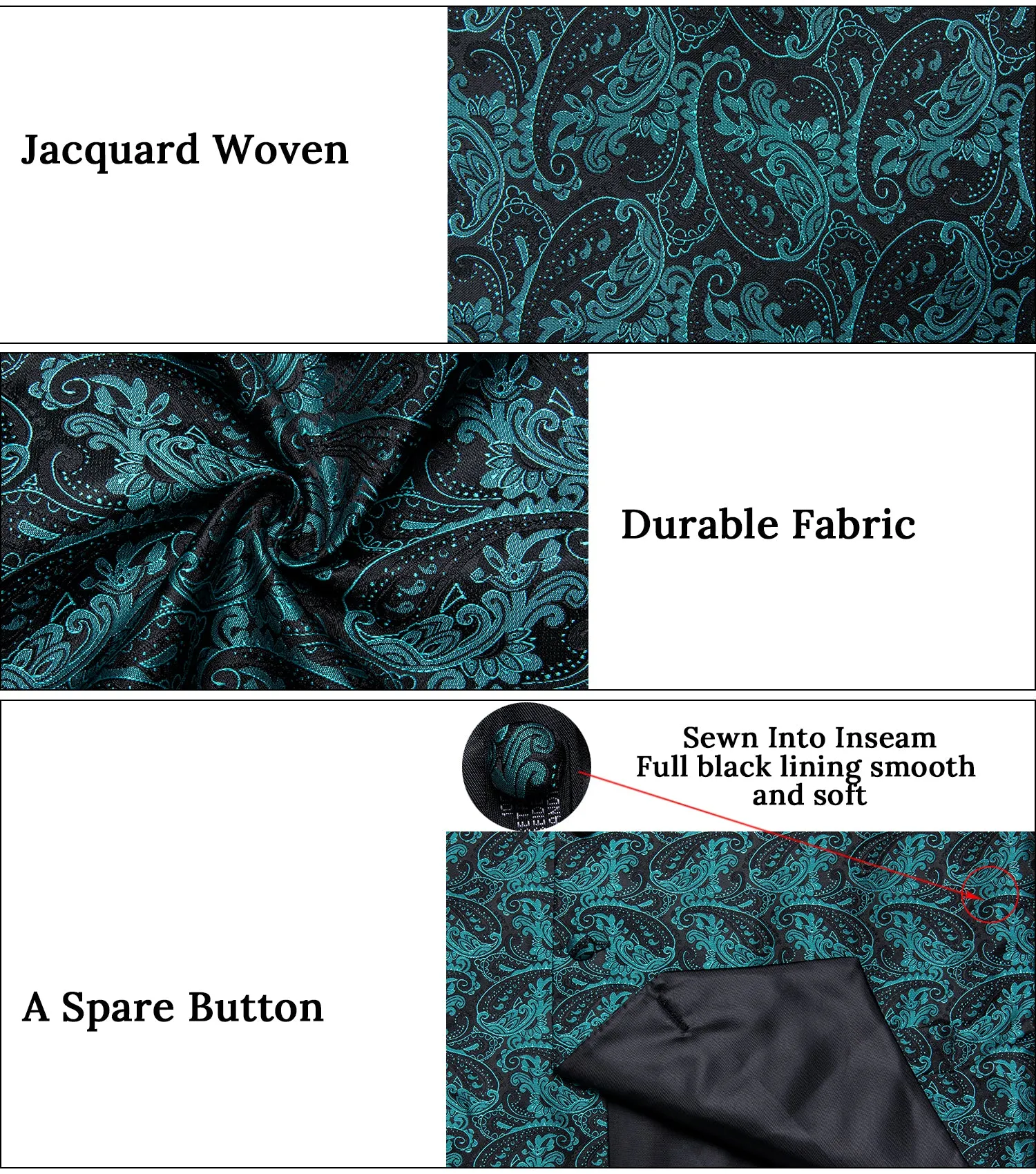 Black Lake Blue Paisley Jacquard Silk Men's Vest Hanky Cufflinks Tie Set