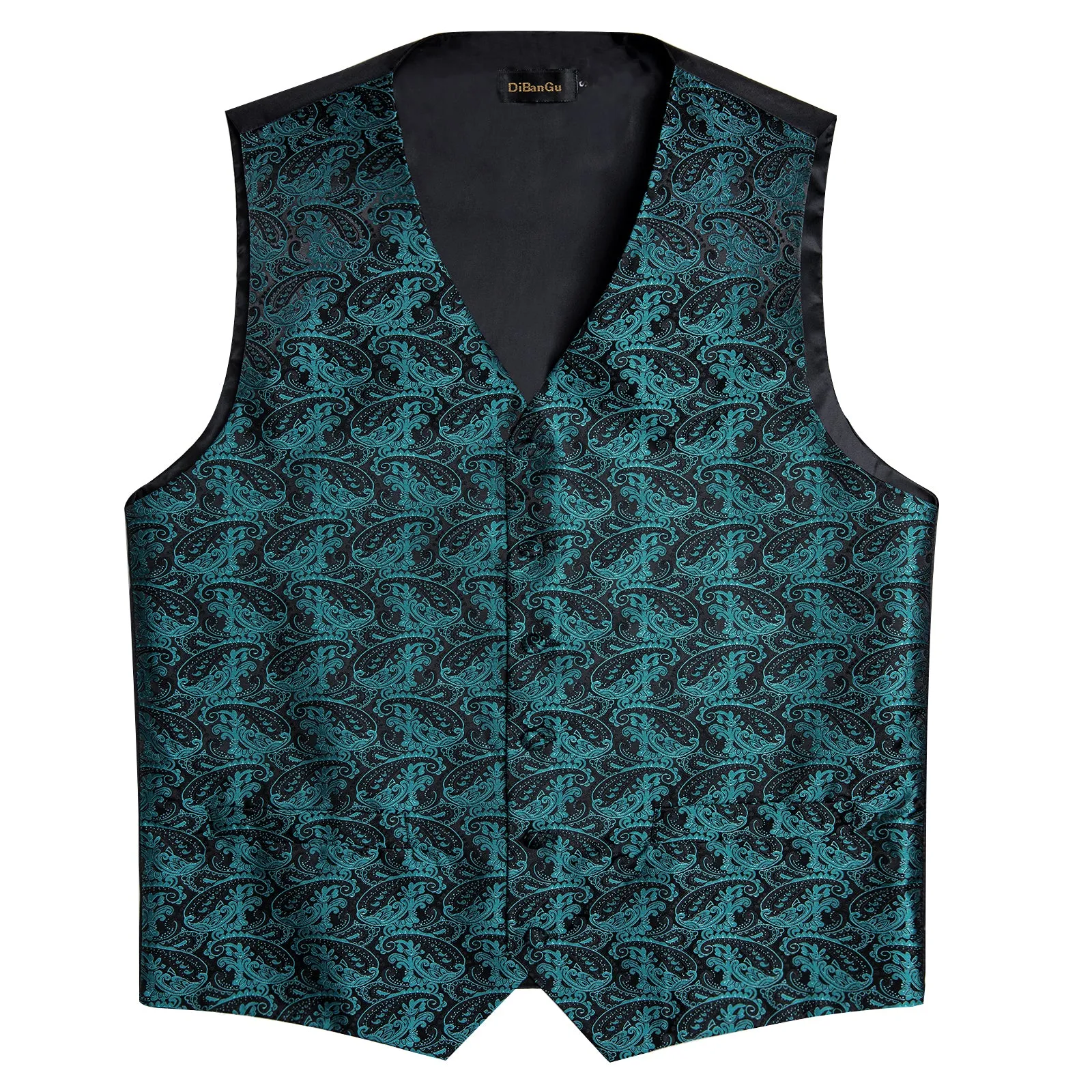 Black Lake Blue Paisley Jacquard Silk Men's Vest Hanky Cufflinks Tie Set