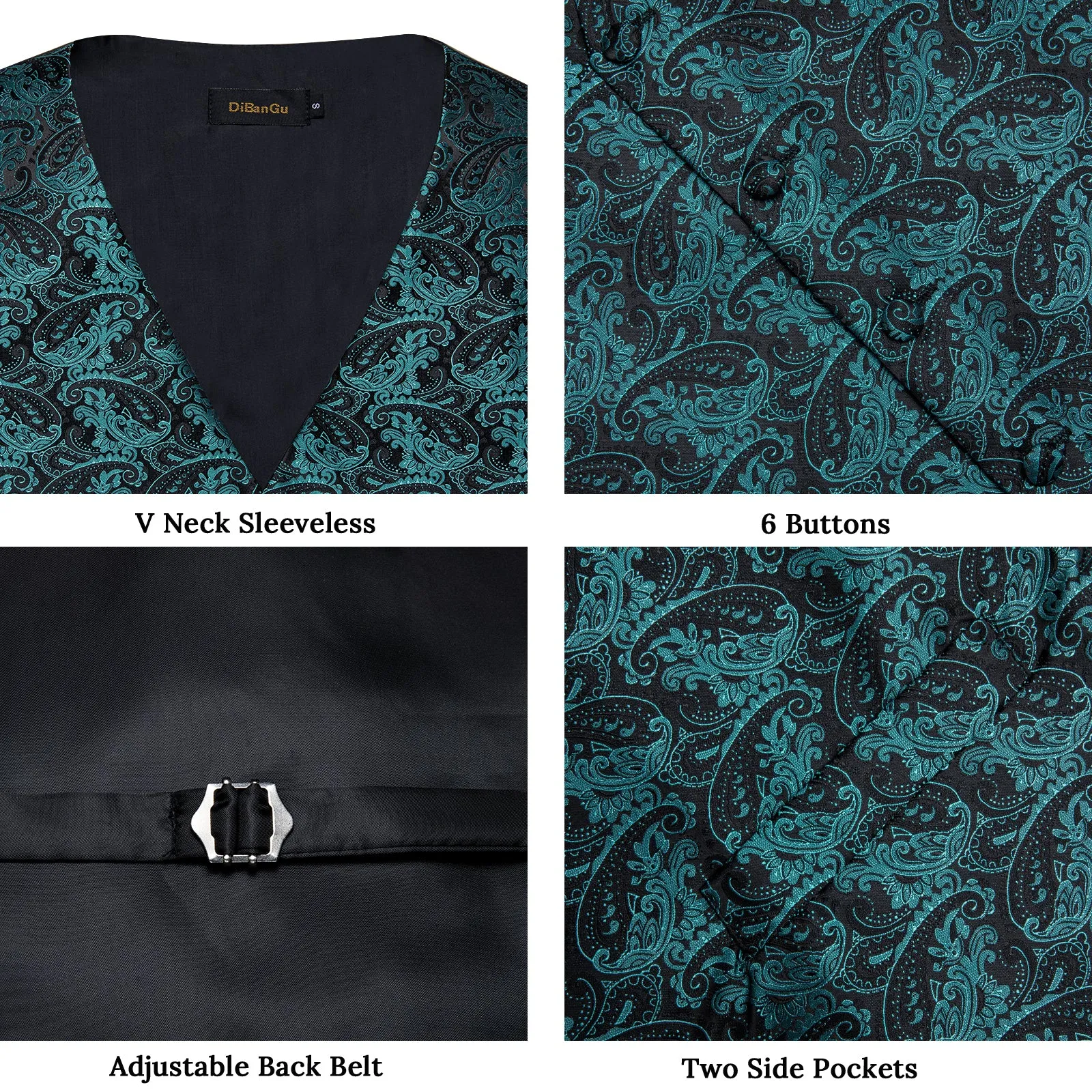 Black Lake Blue Paisley Jacquard Silk Men's Vest Hanky Cufflinks Tie Set