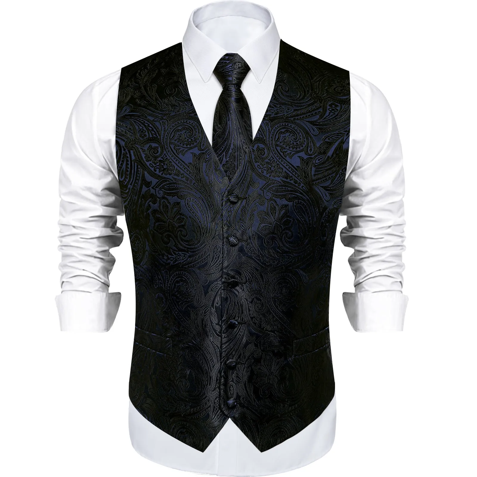 Black Paisley Jacquard Silk Men's Vest Hanky Cufflinks Tie Set