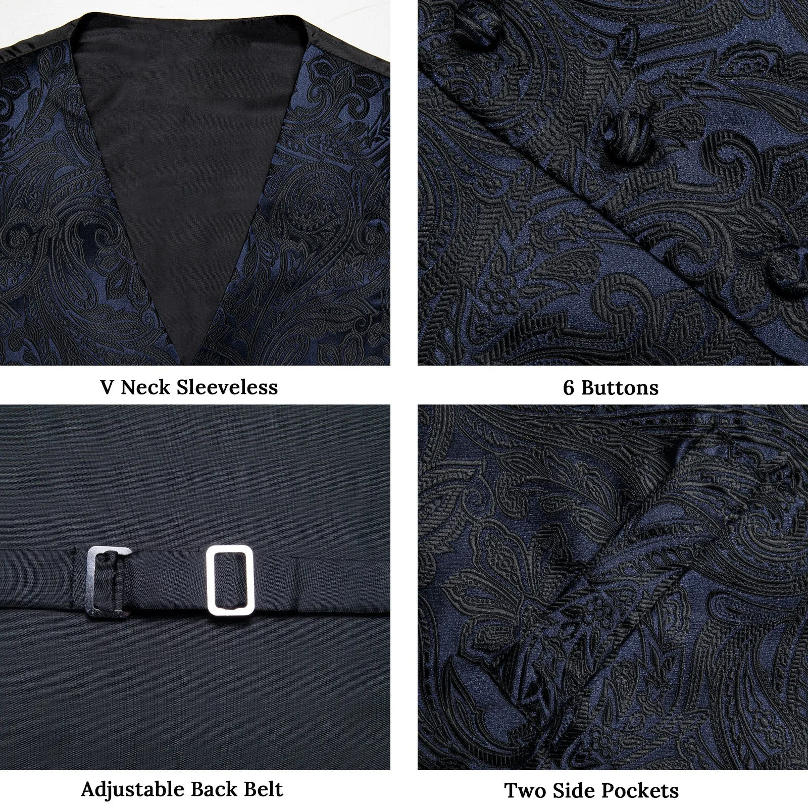 Black Paisley Jacquard Silk Men's Vest Hanky Cufflinks Tie Set