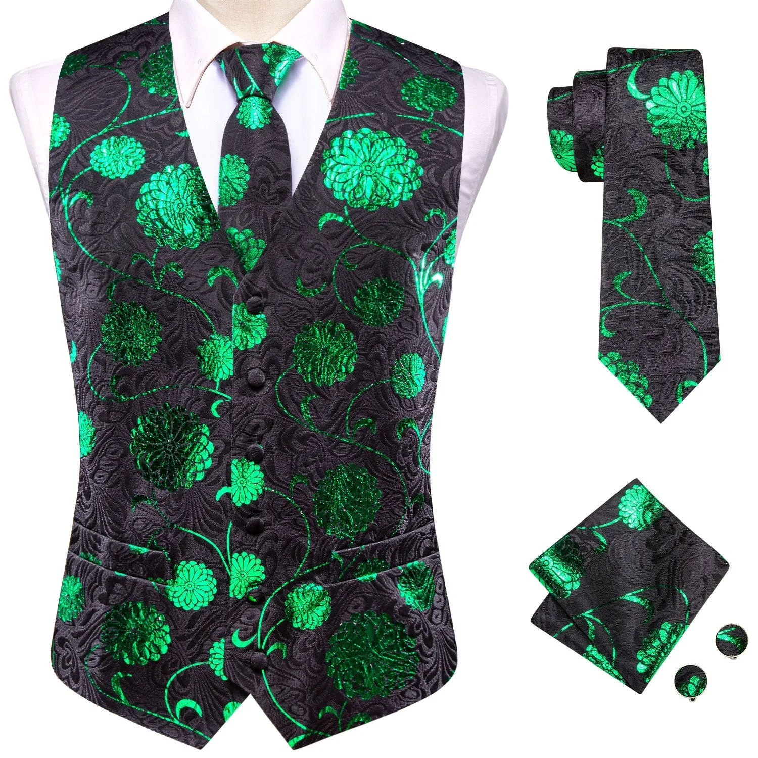 Black Parekeet Green Floral Jacquard Silk Men's Vest Hanky Cufflinks Tie Set