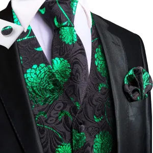 Black Parekeet Green Floral Jacquard Silk Men's Vest Hanky Cufflinks Tie Set