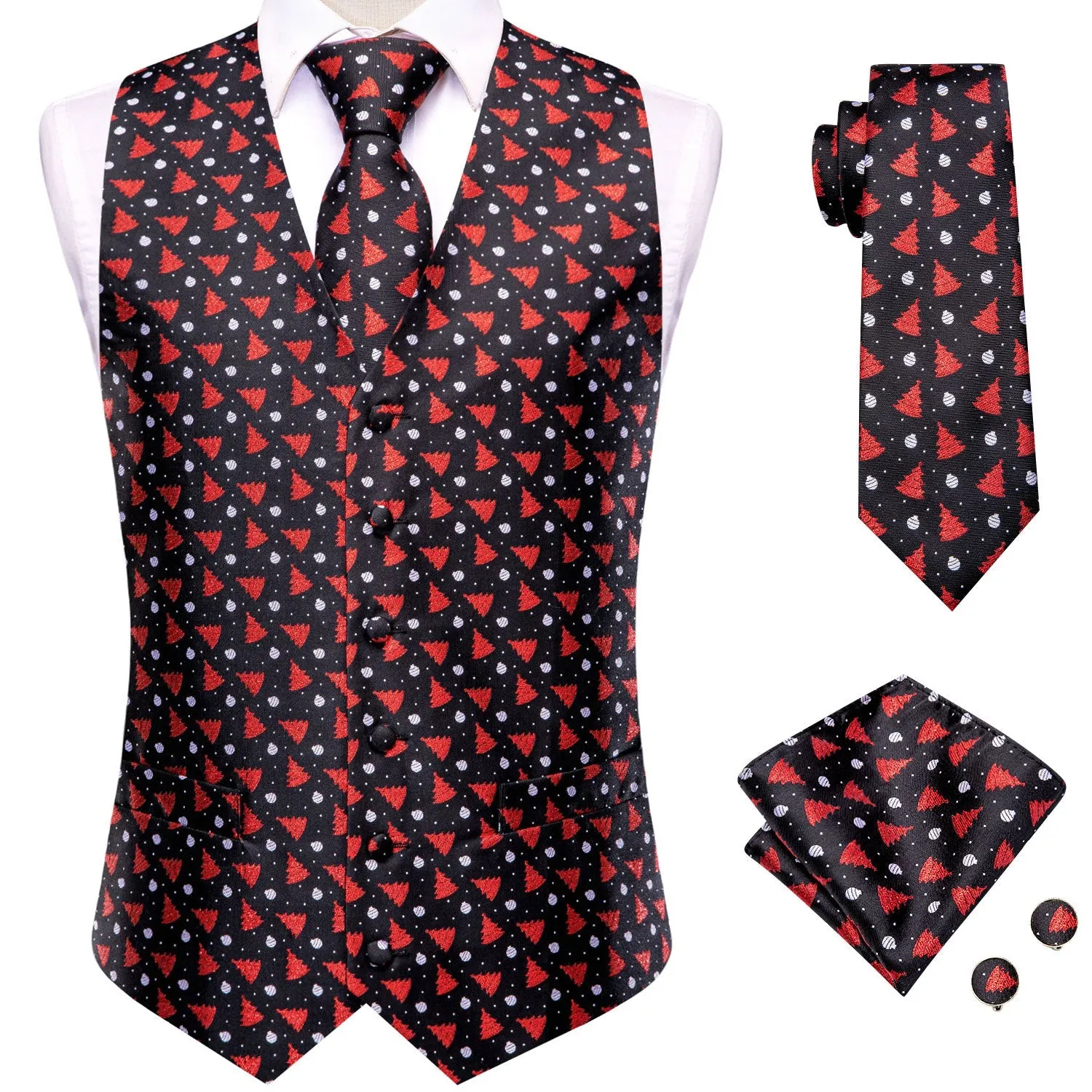 Black Red Tree Christmas Novelty Jacquard Silk Men's Vest Hanky Cufflinks Tie Set