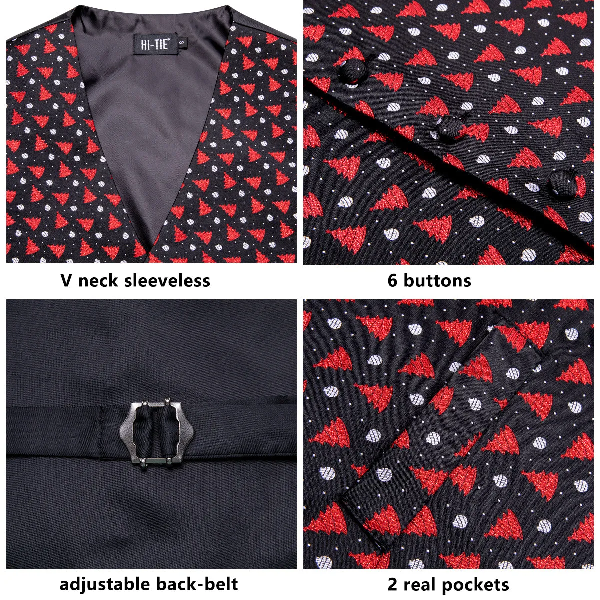 Black Red Tree Christmas Novelty Jacquard Silk Men's Vest Hanky Cufflinks Tie Set