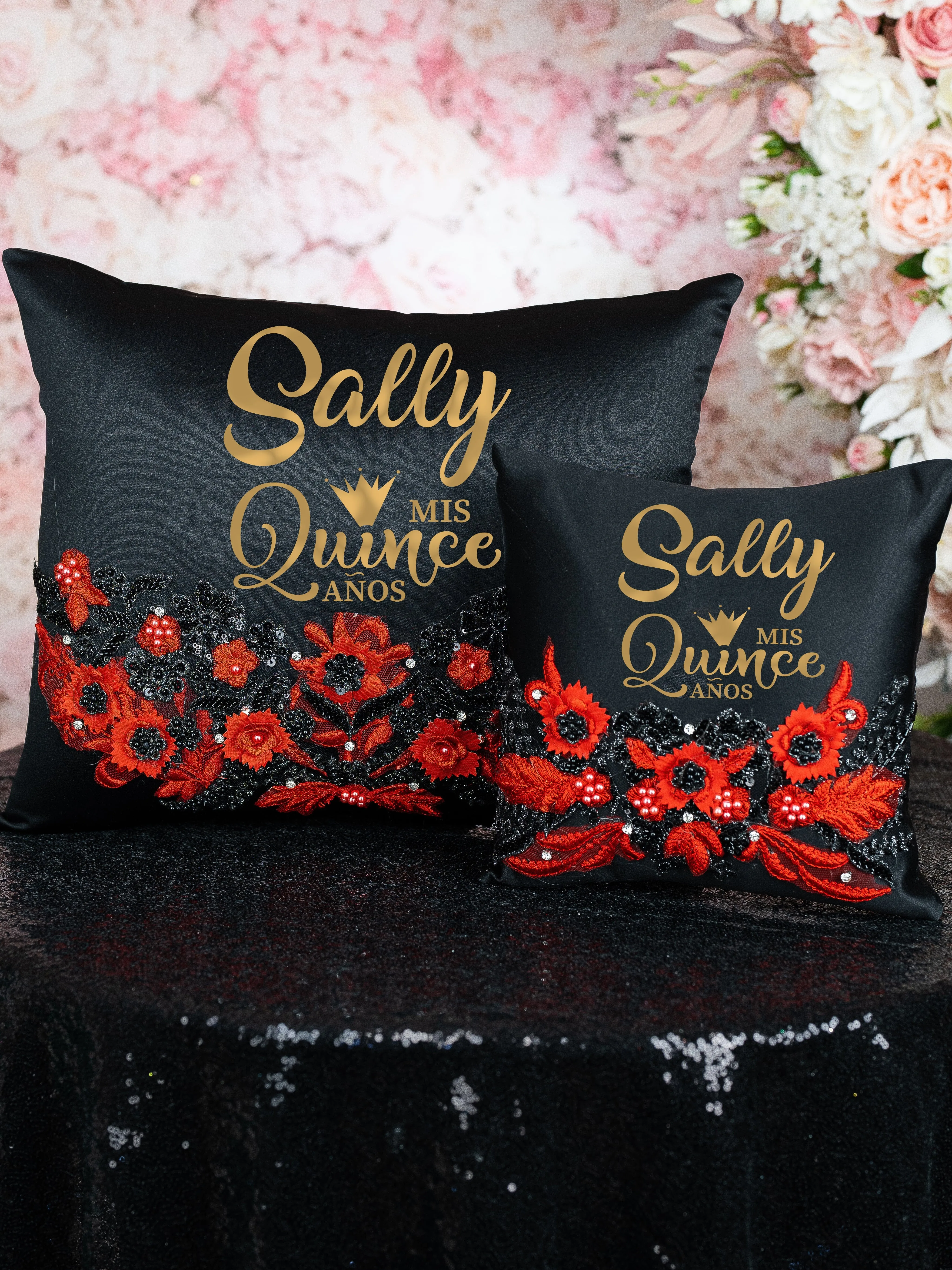 Black with Red quinceanera kneeling pillow, shoes pillow