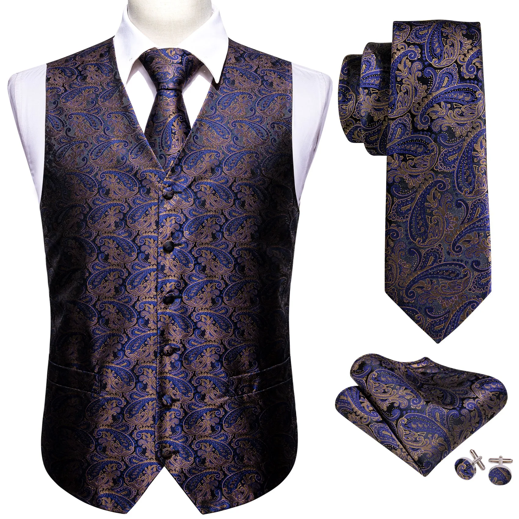 Blue Paisley Jacquard Silk Men's Vest Hanky Cufflinks Tie Set