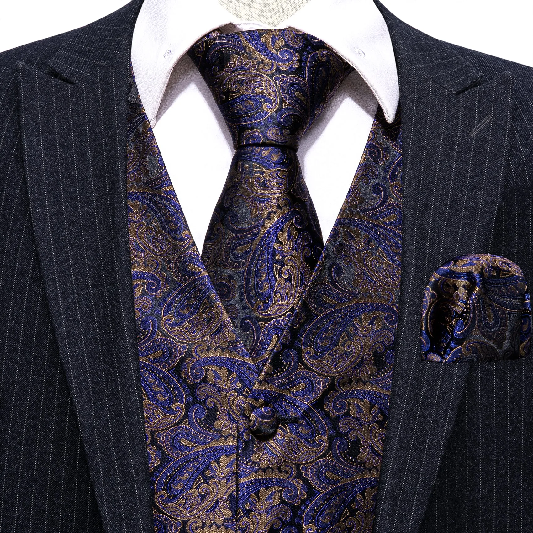 Blue Paisley Jacquard Silk Men's Vest Hanky Cufflinks Tie Set