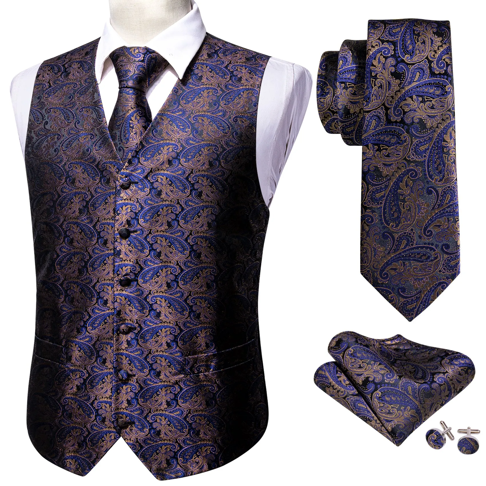 Blue Paisley Jacquard Silk Men's Vest Hanky Cufflinks Tie Set