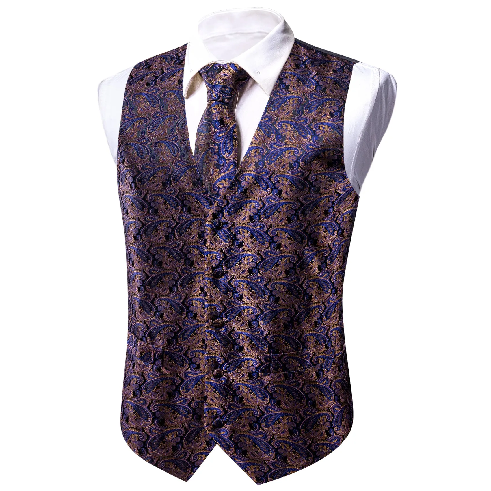 Blue Paisley Jacquard Silk Men's Vest Hanky Cufflinks Tie Set