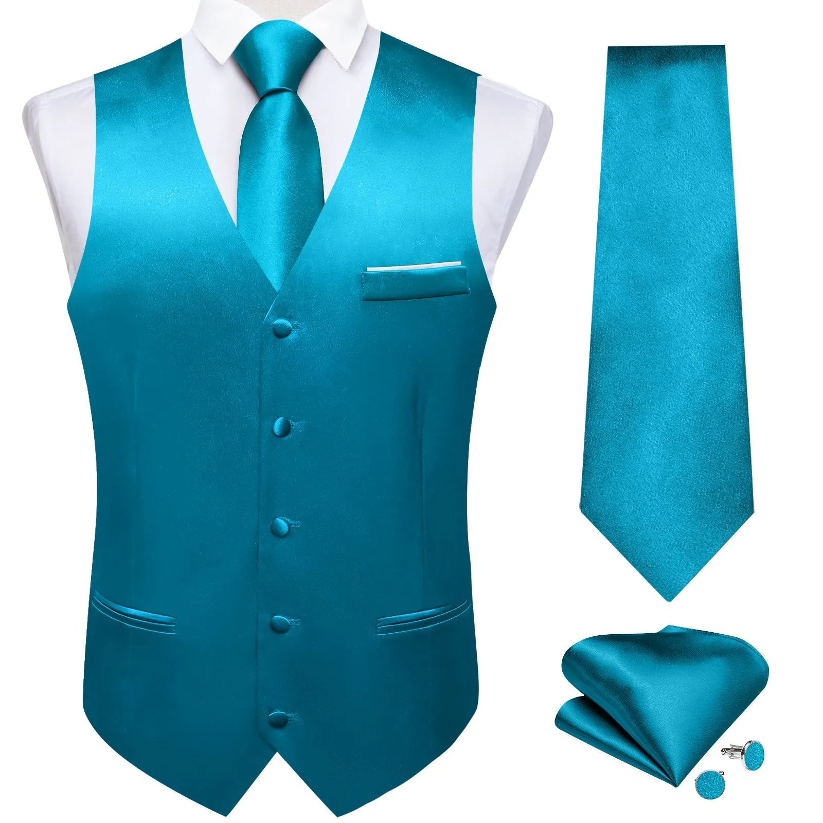 Blue Solid Shining Silk Formal Men's Vest Hanky Cufflinks Tie Set