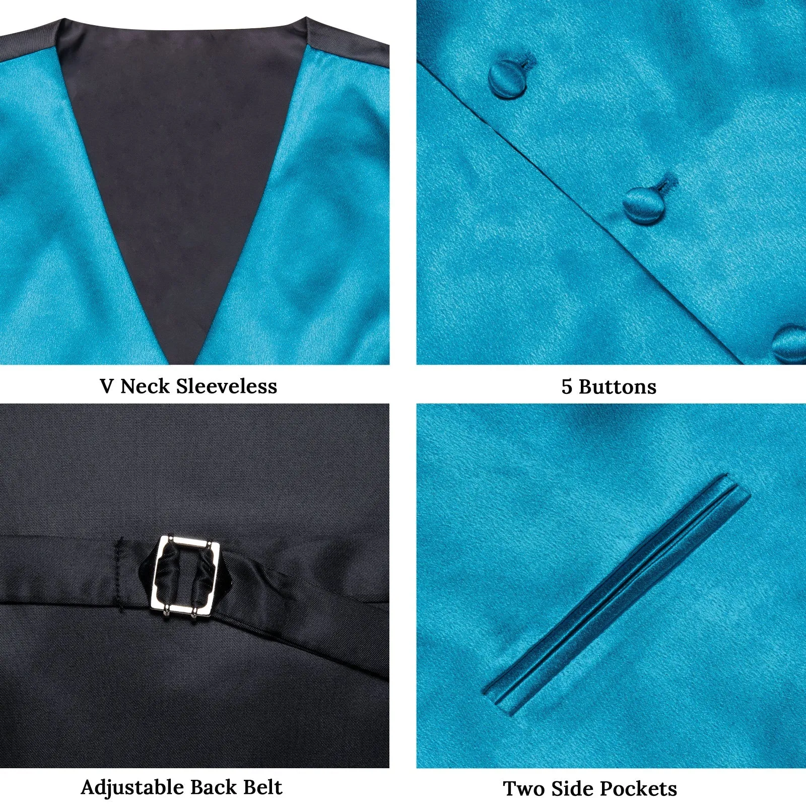 Blue Solid Shining Silk Formal Men's Vest Hanky Cufflinks Tie Set