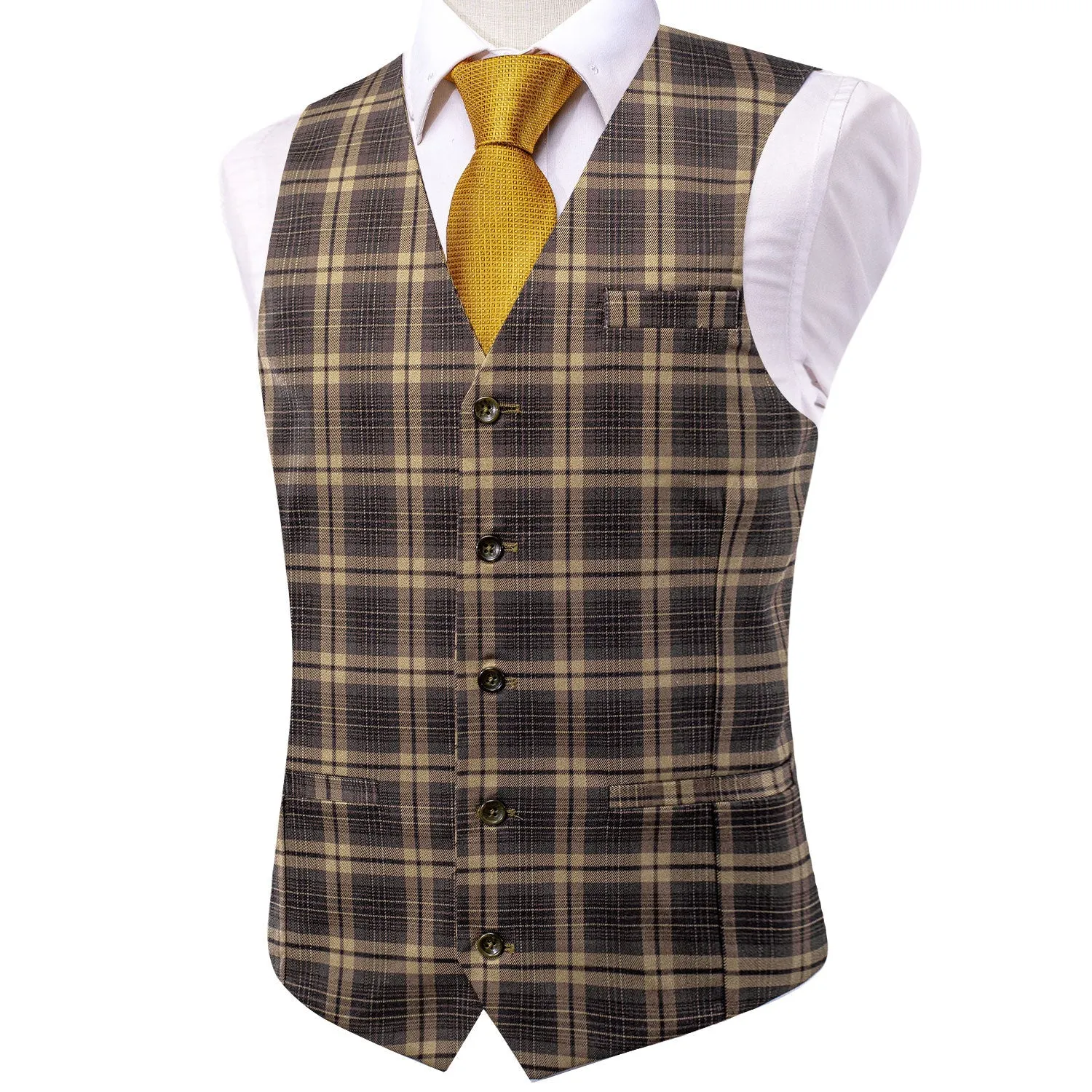 Brown Plaid Wool Splicing Jacquard Men's Vest