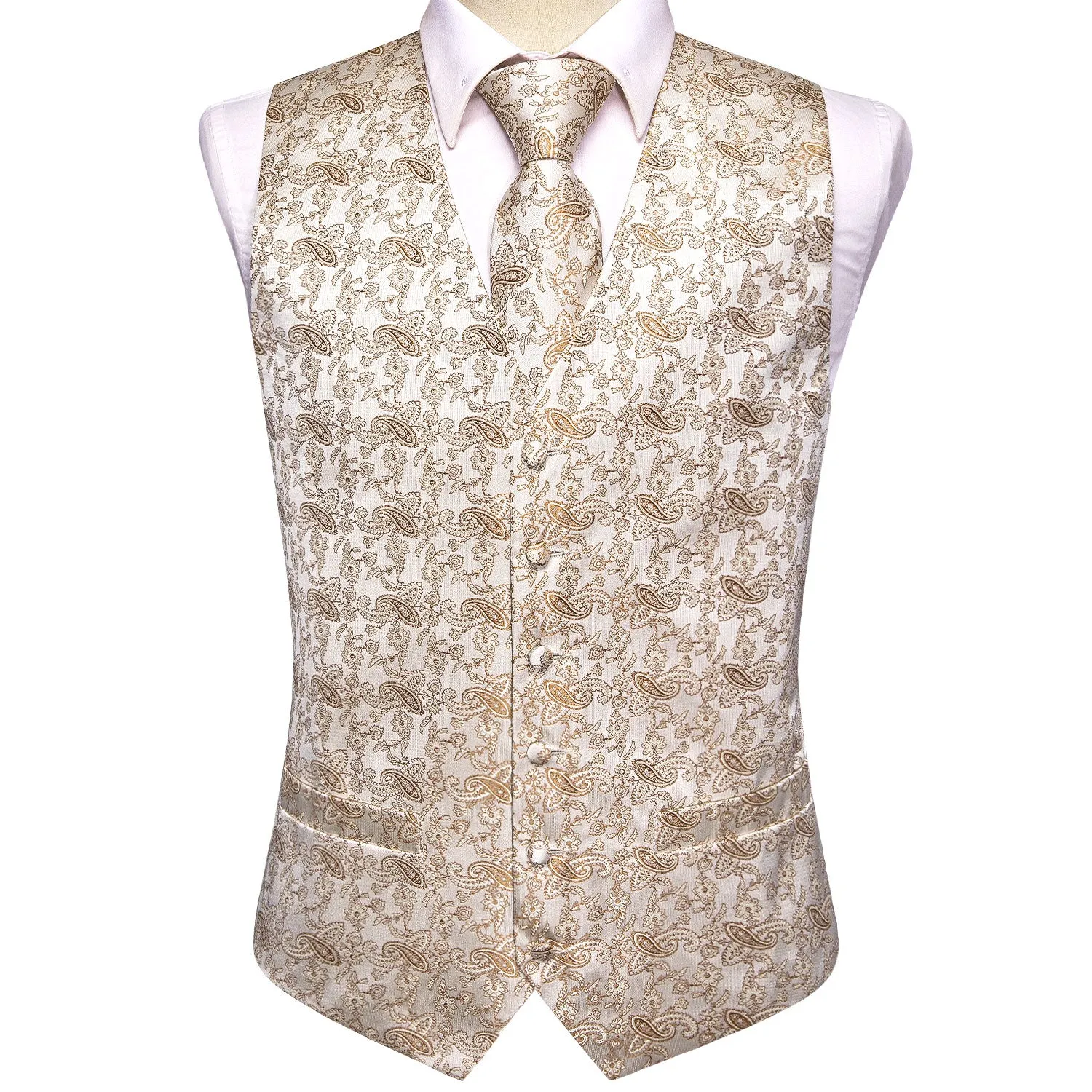 Champagne White Paisley Jacquard Silk Men's Vest Hanky Cufflinks Tie Set