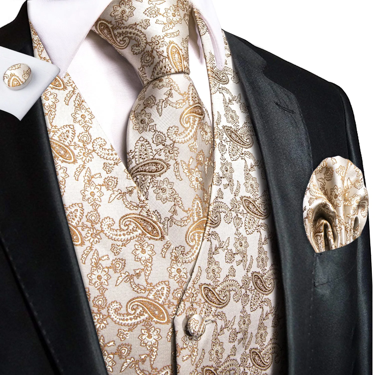 Champagne White Paisley Jacquard Silk Men's Vest Hanky Cufflinks Tie Set