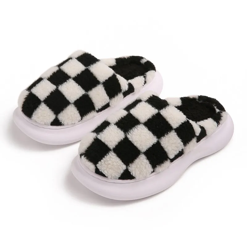 Checkerboard Plus Velvet Thick Cotton Slipper