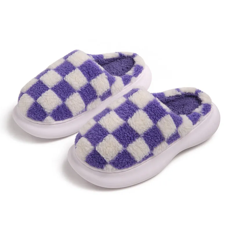 Checkerboard Plus Velvet Thick Cotton Slipper