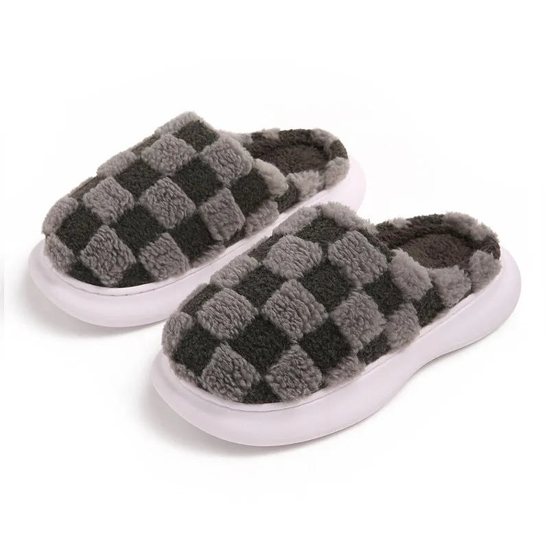 Checkerboard Plus Velvet Thick Cotton Slipper