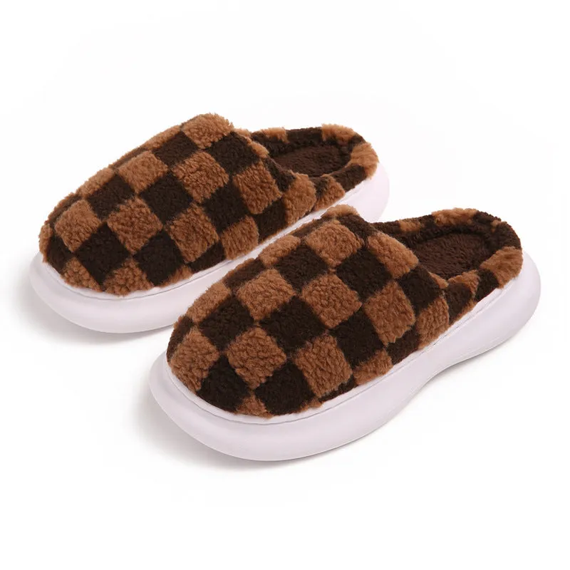 Checkerboard Plus Velvet Thick Cotton Slipper