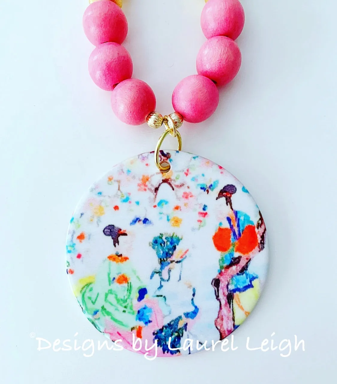 Chinoiserie Pendant Statement Necklace - Bubblegum Pink