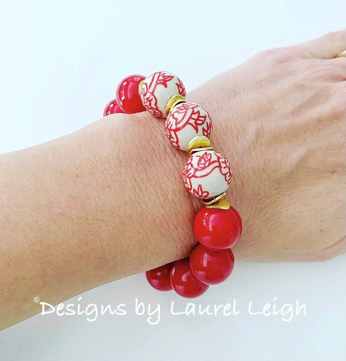 Chinoiserie Red Peony Flower & Pearl Beaded Statement Bracelet