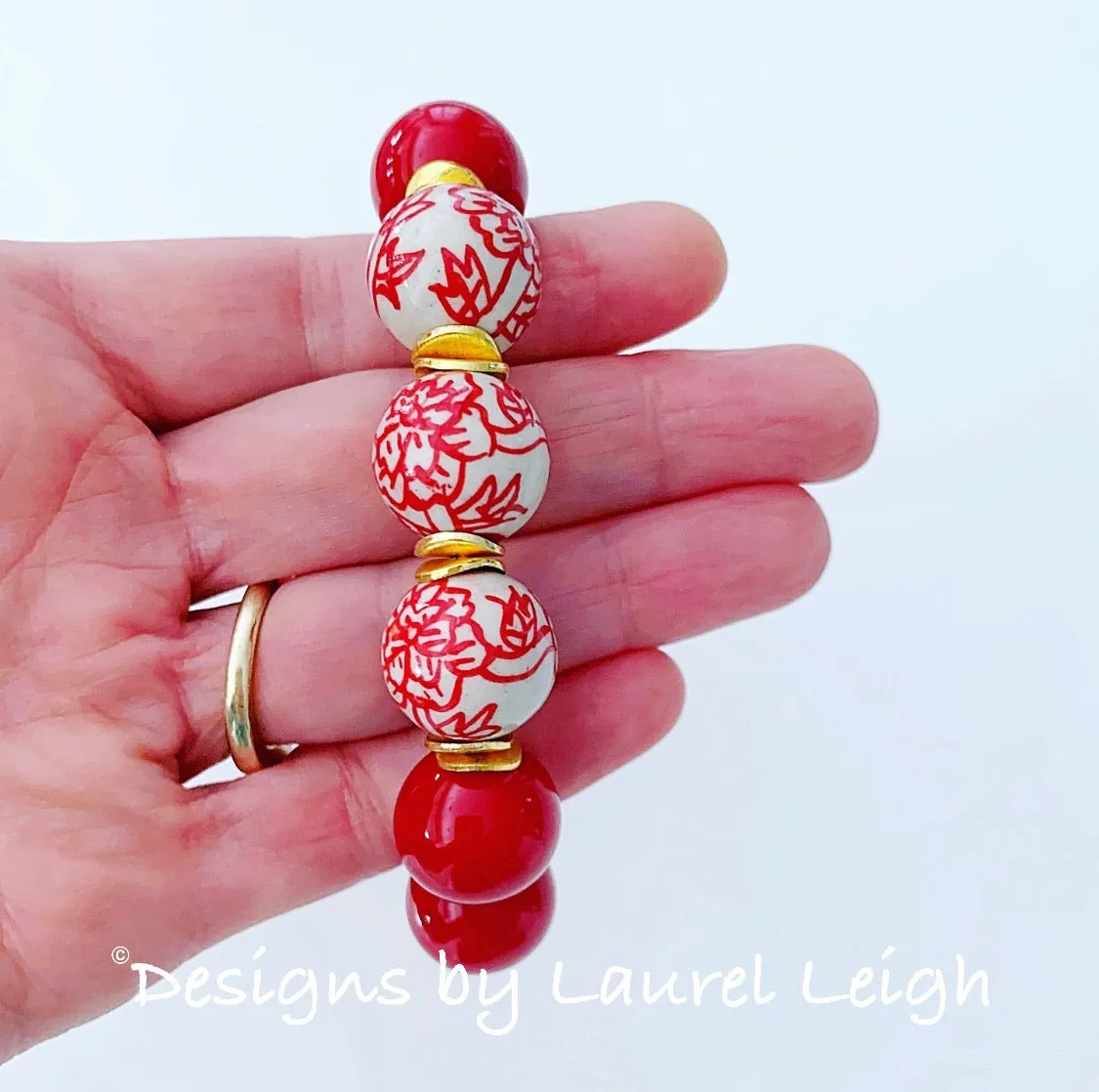 Chinoiserie Red Peony Flower & Pearl Beaded Statement Bracelet