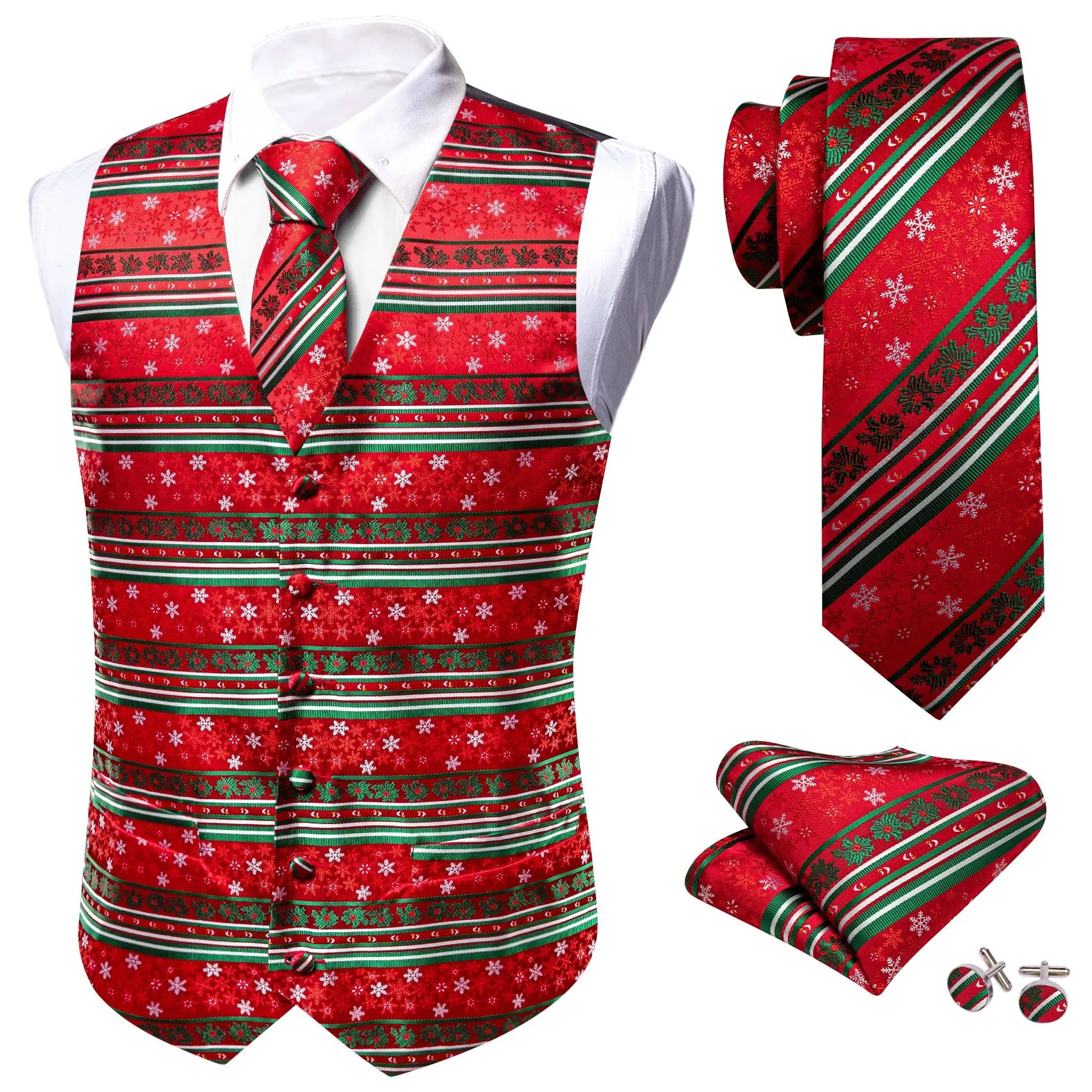 Christmas Bright Red Green White Snowflake Silk Men's Vest Hanky Cufflinks Tie Set